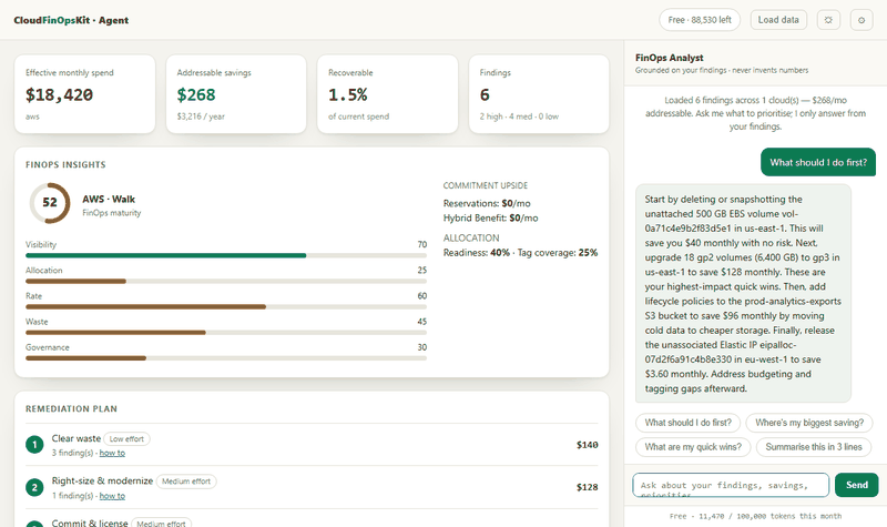 The FinOps Agent dashboard with the AI analyst's prioritised answer alongside spend, savings and maturity score.