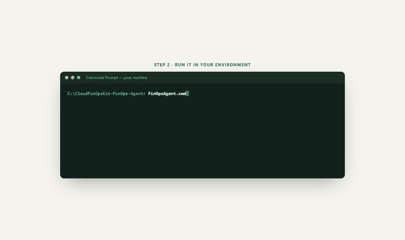 The FinOps Agent: a terminal launch signs in read-only and scans, the dashboard opens with spend, savings and a FinOps maturity score, then the AI analyst answers "What should I do first?" with a prioritised, costed plan.